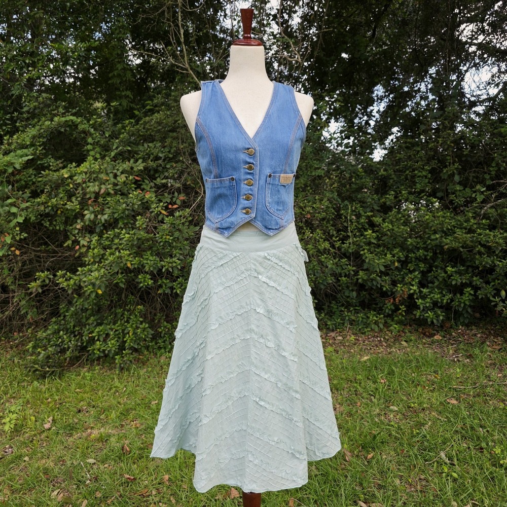 VTG Y2K Angie Cottagecore Skirt Sz M Light Green Ruffle Fairy Boho Fairy Pastel
